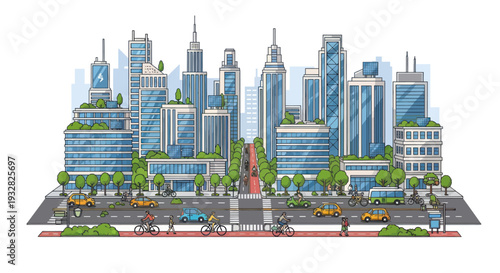 Modern Green Cityscape with Eco-Friendly Transportation and Sustainable Architecture