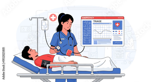 Nurse Caring For Patient In Hospital Bed With Medical Monitor.