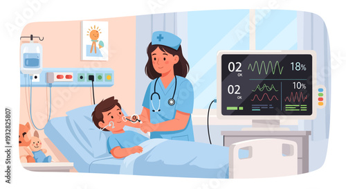 Nurse Caring for Young Patient in Hospital Room.