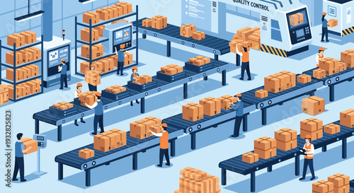 Busy factory warehouse production line showing workers managing cardboard boxes on conveyor belts for shipping.
