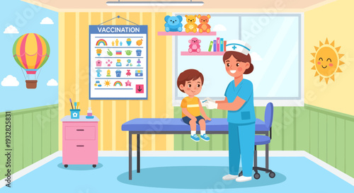 Nurse examining a young boy in a doctors office.