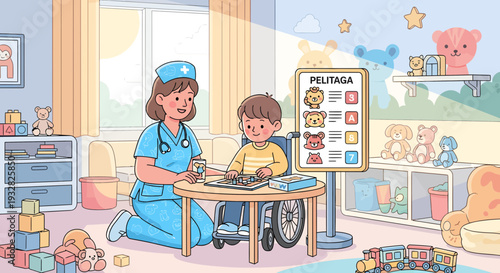 Nurse helping a child in a wheelchair with learning.