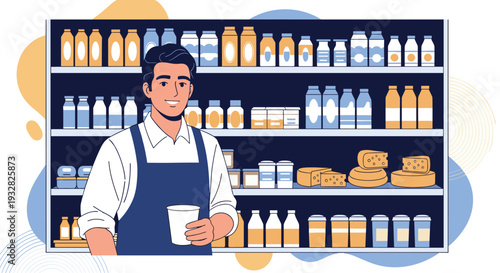 Friendly male shopkeeper in a blue apron standing in front of shelves stocked with milk yogurt and cheese products.