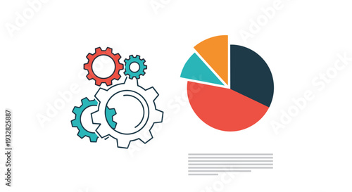 Data analysis and mechanical process concept showing a colorful gear system and a multi-section pie chart on white.