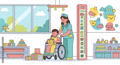 Nurse helping child in wheelchair in playroom.