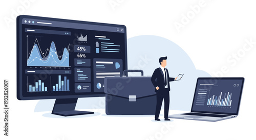 Businessman standing next to large computer monitors displaying complex financial data and charts for business performance analysis.