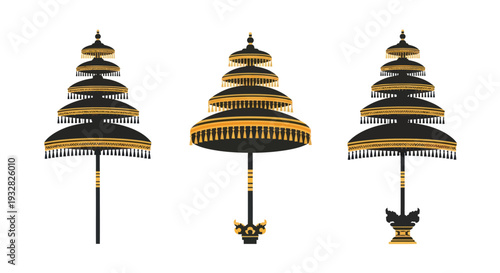 Traditional Tiered Umbrellas - Ornate Black and Gold Decorative Parasols