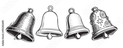 A collection of traditional hand drawn bells in various engraved styles with clappers, perfect for holiday greetings, festive decorations, event invitations, or educational materials.