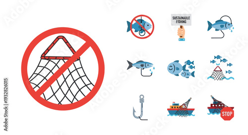 Stop Overfishing Icons: No Net, Fishing Boat, Fish, Sustainable Fishing Sign
