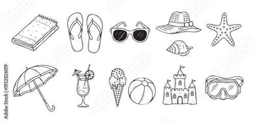 A collection of summer vacation and beach holiday essentials including towels, flip flops, sunglasses, a hat, umbrellas, and sandcastles for travel marketing and leisure graphics.