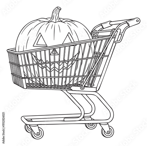 A festive Halloween jackolantern pumpkin resting inside a retail shopping cart, ideal for seasonal sales promotions and holiday marketing advertisements.