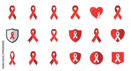Red Ribbon Icons Set, Awareness Symbol Collection, Health Charity Graphics