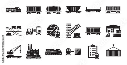 Comprehensive set of railway logistics icons depicting various train types, cargo handling, and transportation processes suitable for business presentations, industrial websites, and