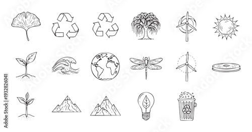 Simple hand drawn outline icons representing nature, environmental protection, and renewable energy, suitable for educational content and sustainable living presentations.