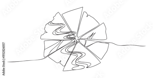 Elegant continuous line drawing of a delectable round cake or pie, divided into multiple servings and adorned with a fluid topping, ideal for foodrelated packaging or restaurant menus.