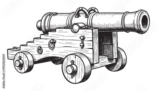 Old naval cannon on a sturdy wooden carriage with two wheels, presented in a classic hand drawn sketch style, ideal for historical projects, military themed graphics, or educational