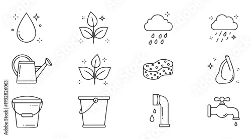 Set of water and nature themed line icons with droplets, sprouts, watering cans, rain clouds, sponges, buckets, and faucets, suitable for ecology and horticultural educational materials