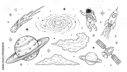 Dynamic black and white line drawings of space objects including a floating astronaut, launching rocket, ringed planets, cosmic elements, and clouds, ideal for science education and