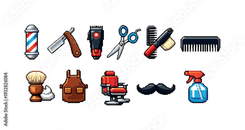 Barber tools solid icon set. Classic barbering essentials solid collection.