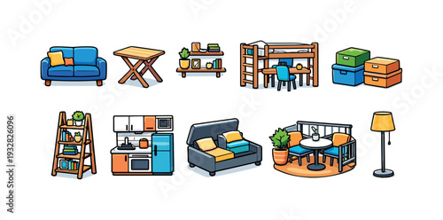 Home furniture icon set: cozy, colorful flat icons for interiors and furnishings