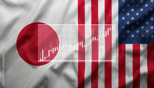 日米の象徴とデータが整然と重なる国際為替の解説用背景