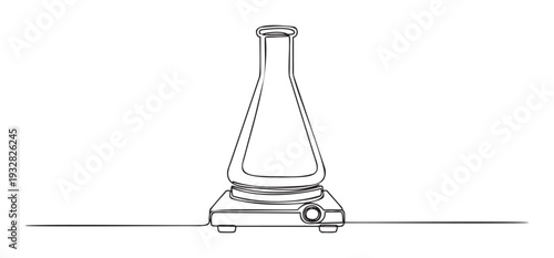 Continuous single line drawing of a chemical laboratory flask on a hot plate or magnetic stirrer used for scientific research and experiments, ideal for educational content or scientific