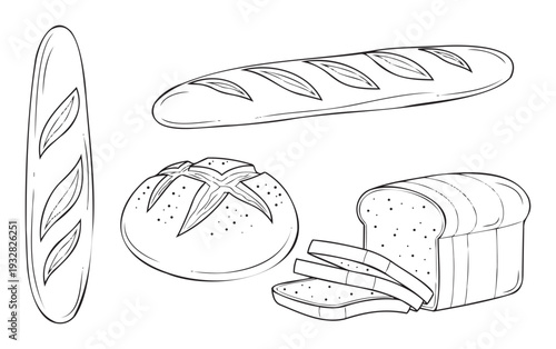 An appealing collection of various fresh baked goods including a French baguette, a rustic round loaf, and a sliced sandwich bread, perfect for culinary content, menu graphics, or