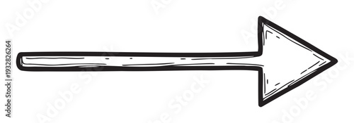 A handdrawn black arrow sketch pointing right, depicting clear direction and navigation, ideal for infographics, user interfaces, educational materials, and simple graphic design projects.