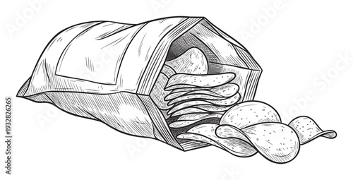 Graphic depiction of an opened package of savory potato chips overflowing with crunchy snacks, ideal for advertising materials or culinary publication visuals.