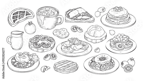 Hand drawn collection of breakfast and brunch food items in an engraved line art style, perfect for restaurant menus, recipe books, or kitchen decor graphics.