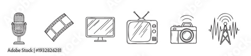 Collection of hand drawn media and communication technology icons including microphone, film strip, computer monitor, vintage television, photo camera, and radio tower for digital content