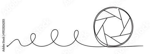 Continuous line drawing forming an unfolding spring shape transforming into a photographic camera aperture for technology development or creative visual concepts