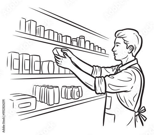 A dedicated store employee efficiently organizes products on a retail shelf, meticulously stocking items to maintain a tidy and accessible shopping environment for various commercial uses.