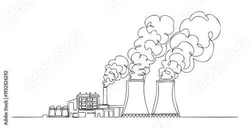 Continuous line drawing depicting a large industrial complex power plant with smoking chimneys and cooling towers representing energy production and environmental concerns for corporate