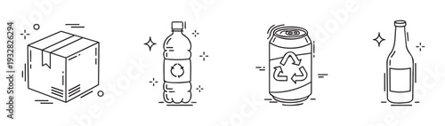 Modern line icons representing various packaging types for shipping and consumer products including recyclable plastic bottles and aluminum cans, suitable for ecofriendly business