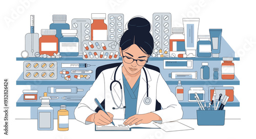 Female pharmacist in a lab coat writing a prescription while sitting at a desk filled with various medicines and healthcare supplies.