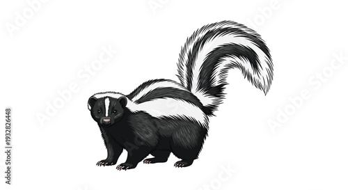 Detailed and realistic illustration of a skunk standing on a white background showing its iconic black and white striped fur and bushy tail.