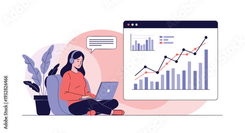 Young woman sitting comfortably and working on her laptop while a large digital window displays increasing business growth and data charts.