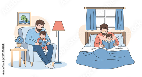 Loving father reading a storybook to his young son in two scenes including a comfortable armchair and at bedtime in a cozy bedroom setting.
