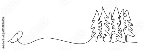 Minimalist continuous line drawing depicting a group of abstract fir trees, perfect for winter holiday greeting designs, nature themed publications, or simplistic brand identity elements.
