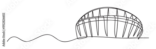 Simple black line drawing depicting a largescale architectural design resembling a stadium, suitable for building project presentations, event graphics, or urban planning visuals.