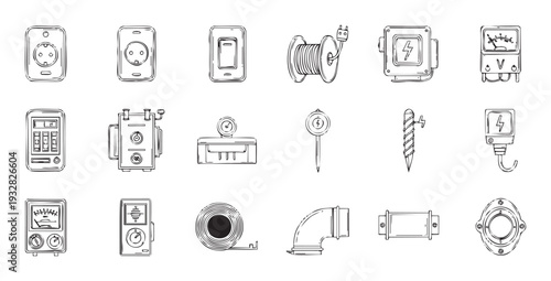 Comprehensive collection of essential electrical and plumbing equipment outline icons for engineering diagrams, industrial project plans, and technician maintenance service infographics