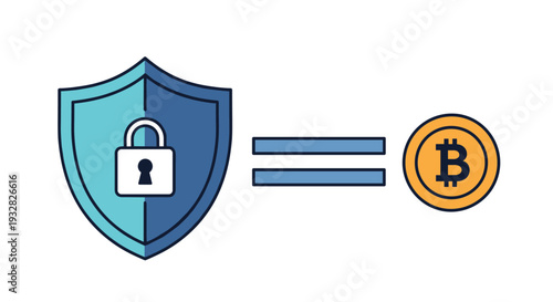 Icon showing a blue shield with a padlock connected to a bitcoin coin representing secure digital currency investment and protection.