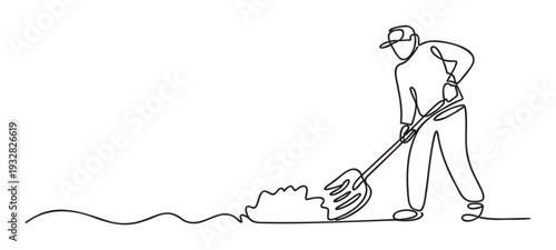 A minimalist one line drawing of a farmer in a cap working in the garden with a pitchfork, cultivating soil for agriculture and gardening projects.