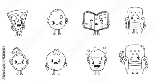 Set of charming anthropomorphic everyday objects from happy pizza to crying book and sad bomb, playfully expressing a range of emotions for engaging visual storytelling and graphic