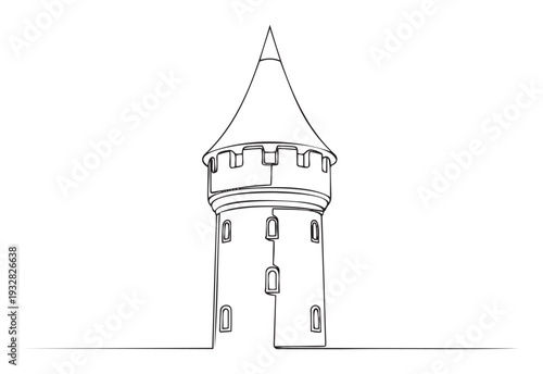 A continuous single line drawing depicts a majestic medieval castle tower with a pointed roof and battlements, ideal for architecture, history, or fantasy themed projects and educational