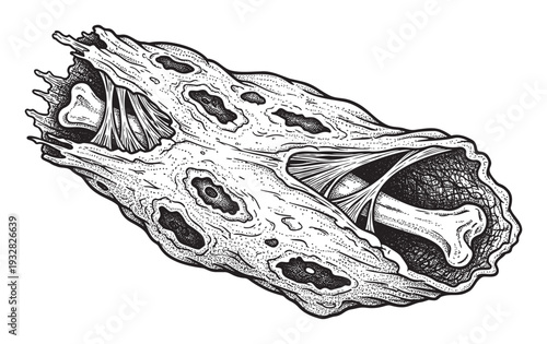 Gnarled wooden log split open to reveal bones and fibrous tissue within its core in an intriguing woodcut style, ideal for dark fantasy, horror, or gothic themed designs.