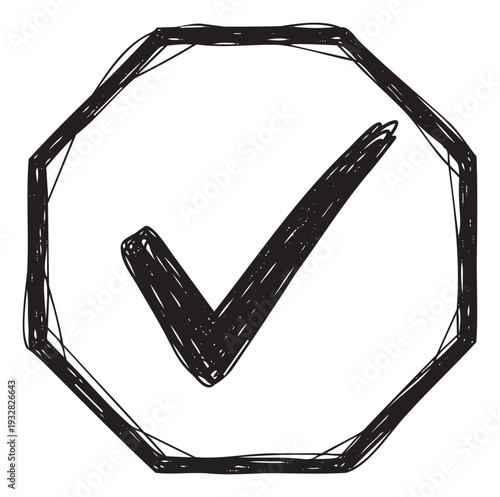 Doodle style black tick mark in an eightsided shape representing confirmation or correctness, ideal for various media and interactive applications.
