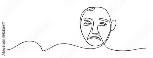 A flowing one line abstract drawing depicting a sad or depressed male face, representing emotions and mental health, ideal for psychology, therapy, or introspective themes.