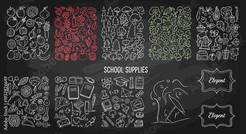 Chalkboard filled with hundreds of small hand-drawn icons representing school supplies, nature, fruits, and vegetables in an organized layout.